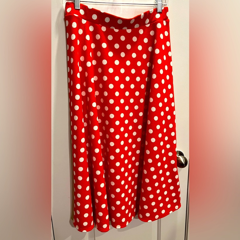Red and White Polka Dot Midi Skirt